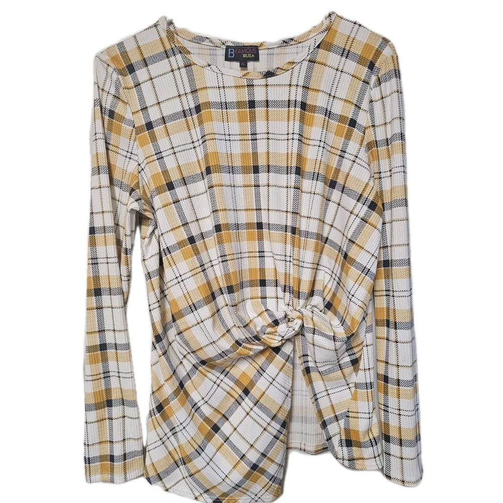 B Famous USA Women's XL Yellow Plaid Long Sleeve Knot Front Top Y2K EUC
